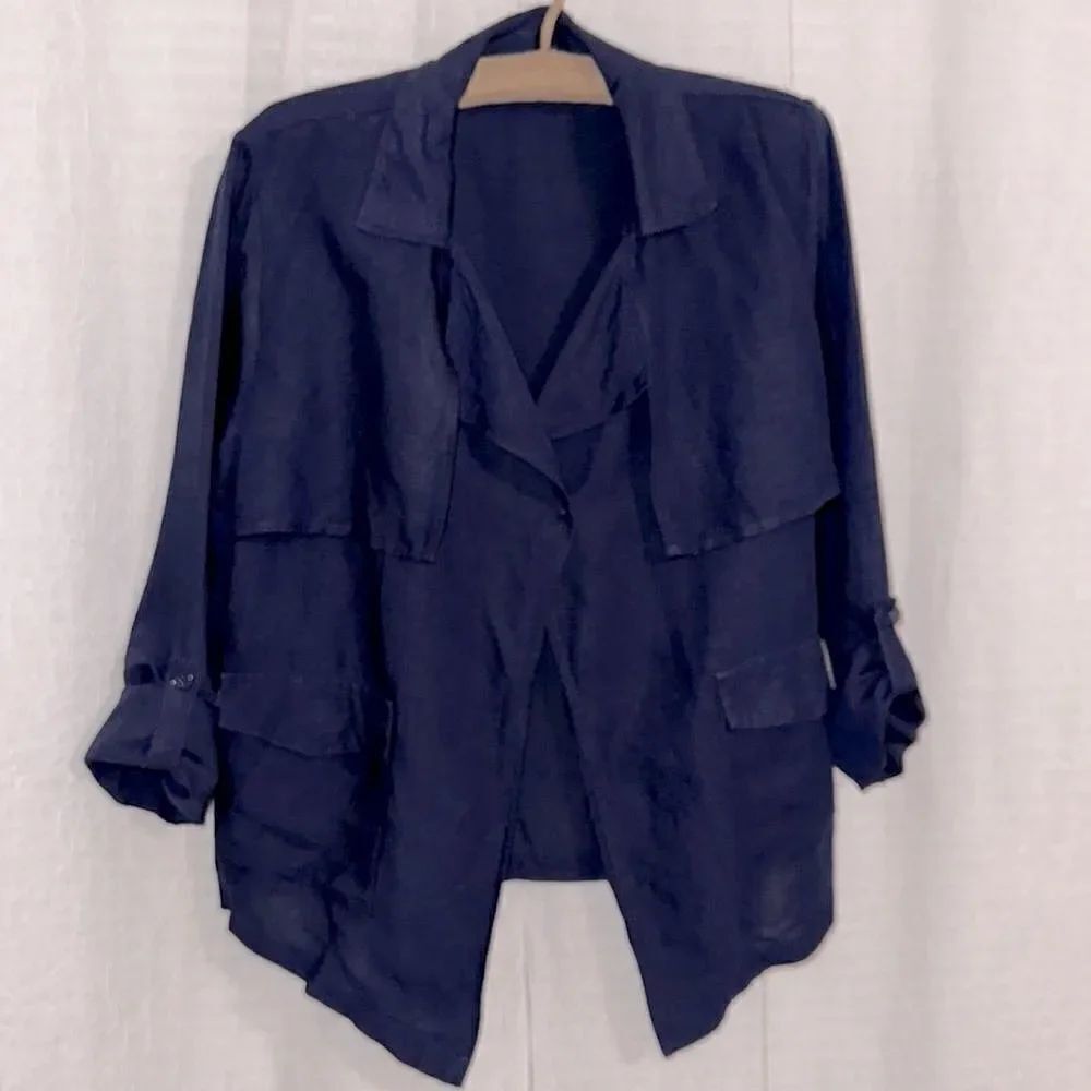 KATIES 12 Navy Open Front Collared Utility Linen Jacket Roll Up Sleeves